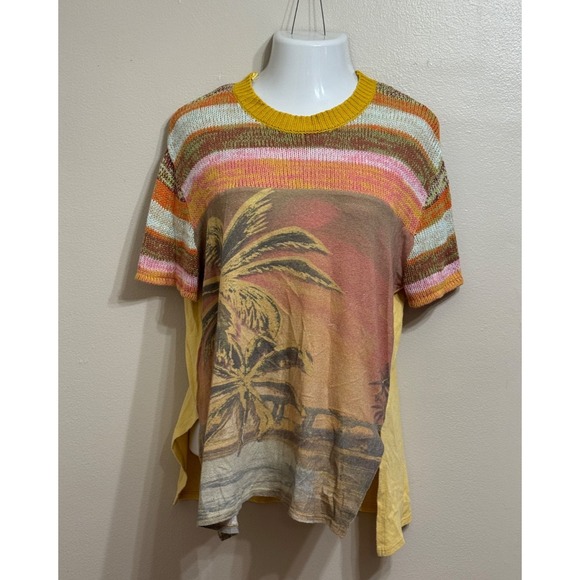 We The‎ Free People IBIZA SWIT Knit Sleeve Palm Tree Tee - Picture 2 of 6